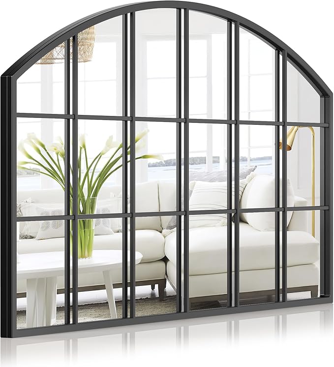 Wide Window Pane Mirror, 44" x 28" Black Arched Mirror for Wall, Grid Large Decorative Wall Mirrors for Living Room Bedroom Farmhouse Fireplace Hallway Entryway