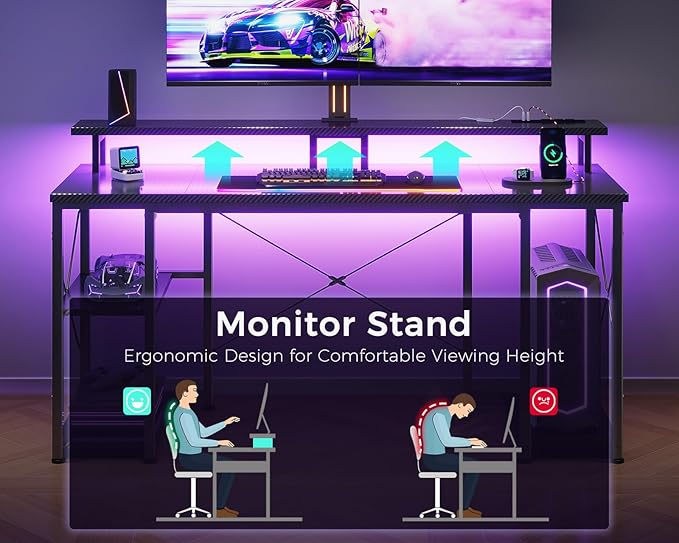 ODK 63 Inches Gaming Desk with LED Lights, Computer Desk with Monitor Stand, Pc Table with CPU Stand, Carbon Fiber Black