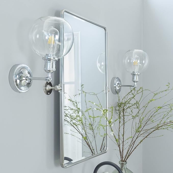 TEHOME 20x30'' Brushed Nickel Pivot Mirror Rectangle Bathroom Vanity Mirror Brushed Silver Rounded Corner Metal Framed Tilting Beveled Vanity Wall Mirrors