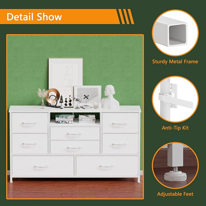 Furnulem Dresser for Bedroom, Wide Chest with Power Outlet for 55" TV Stand Entertainment Center, Deep 8 Drawers for Storage in Living Room,Entryway,Hallway,Closet(White)