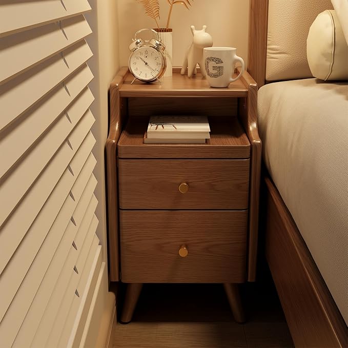 Wood Nightstand, Walnut Nightstand with 2 Drawers, Bedside Table for Bedroom