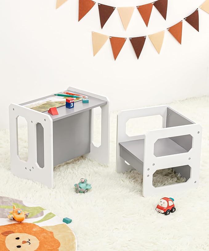 Kids Table and Chair Set, 3-in-1 Wooden Children's Furniture, Water Resistant, Easy to Clean,Toddler Weaning Table for Bedroom, Playroom, Living Room (Grey and White)