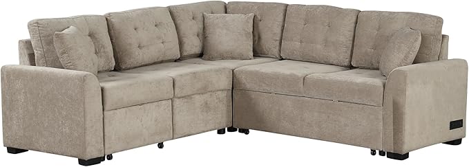 82" Convertible Sleeper Sofa with Pull-Out Bed,L-Shape Chaise Couch W/USB Ports & Power Sockets,Space Saving,Easy Assembly,Modern Corner Reversible Furniture Set for Living Room,Khaki Velvet