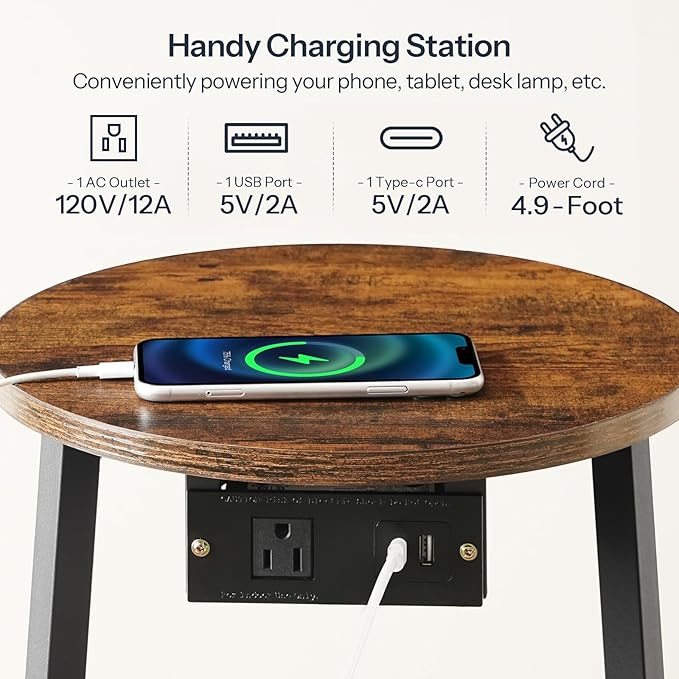HOOBRO Small Round Side Table with Charging Station, Round End Accent Table with Storage Basket, Compact Sofa Bedside Table for Small Space in Living Room, Bedroom, Rustic Brown BF169UBZ01