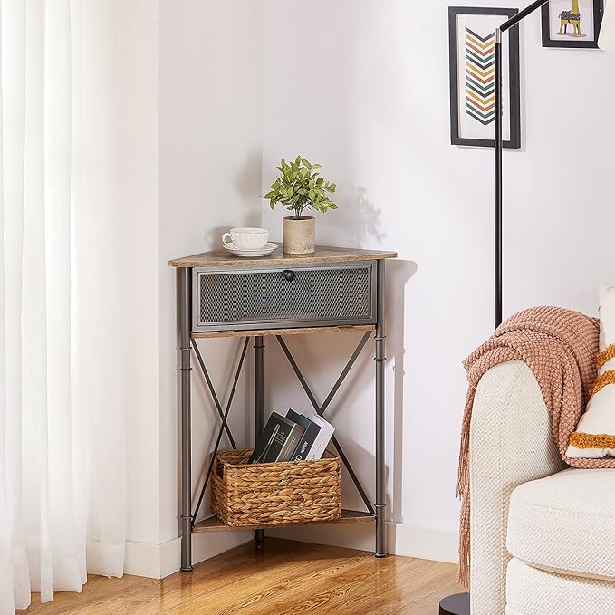 VECELO Cabinet/Table, 3-Tier Display Shelves with Protection Door, Metal Frame Storage Shelf Organizer for Small Space, Living Room, Kitchen, Bathroom, Set of 1, Grey+Black