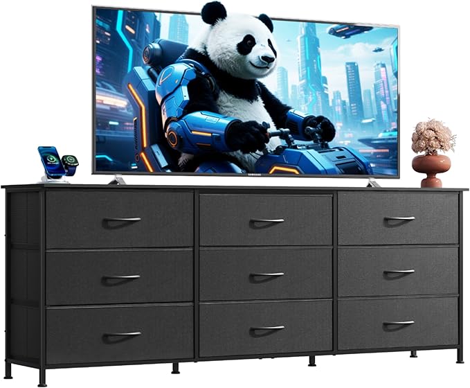 WLIVE 63''W Dresser for Bedroom, Black Dresser TV Stand for 65, 70, 75 inch TV, Wide Chest of Drawers with 9 Drawer, Large Entertainment Center, Fabric Dressers with Wood Top for Closet, Living Room