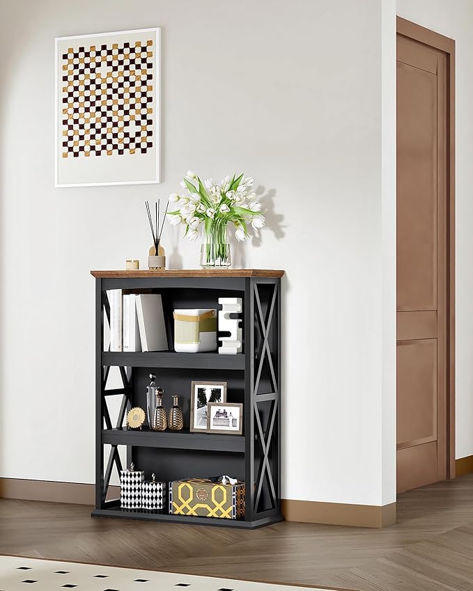 4-Tier Bookcase, 42.9" Floor Standing Organizer Shelf, Corner Book Stand, Metal Frame, for Study, Bedroom, Living Room, Black and Walnut TSJ01BL