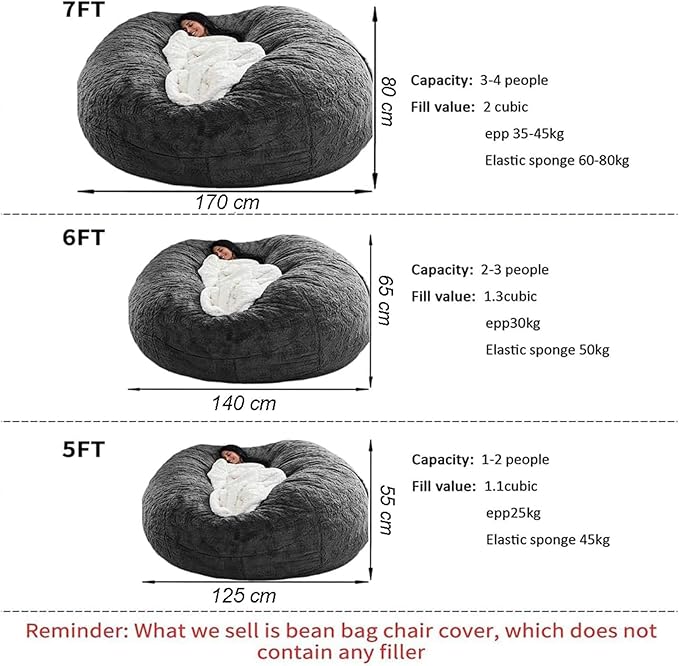 BCU 7FT Big Bean Bag for Adults Kids Without Filling Oversized Bean Bag Chair Cover for Stuffed Animal Storage, Multicolored