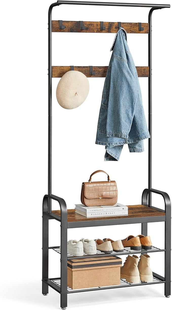 VASAGLE 6-Tier Bookshelf, Tall Display Shelf, Freestanding Storage Shelf, Rustic Brown ULBC61BX Coat Rack, Hall Tree with Shoe Bench for Entryway, Rustic Brown and Black UHSR40B