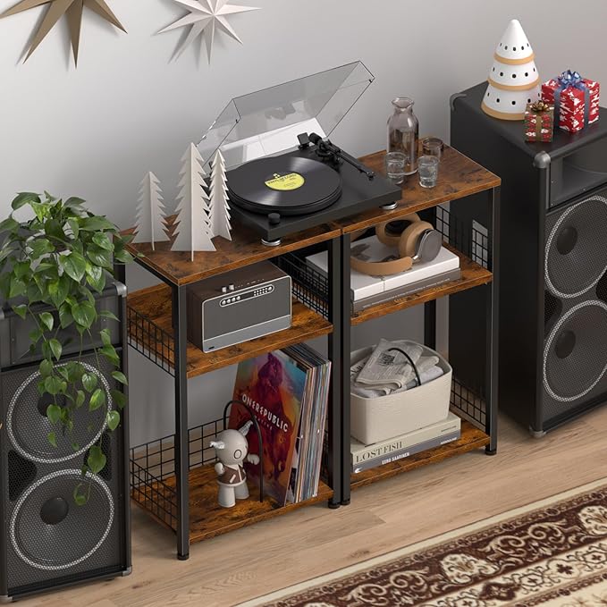 LELELINKY End Table with Storage, Brown Nightstand for Small Spaces,3 Tier Record Player Stand with Vinyl Storage Shelf, Sofa Couch Side Tables for Living Room Bedroom
