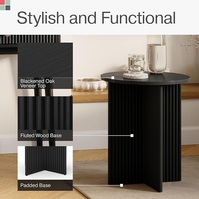 Fluted Round Side Table - 16-in Round Top, Blackened Oak & Solid Wood X-Base - End Table for Living Room & Nightstand - Pedestal Base