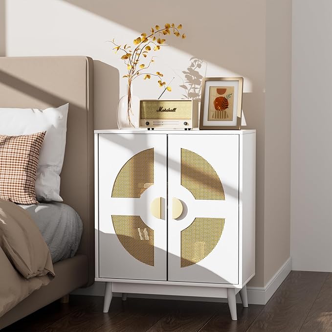 Buffet Cabinet White with Storage, Kitchen Sideboard with Doors & Shelves, Rattan Accent Buffet Console Walnut Media Console Mid Century Coffee Bar Table for Living Room Kitchen Dining Room