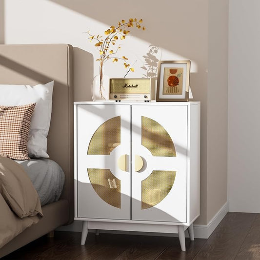 Buffet Cabinet White with Storage, Kitchen Sideboard with Doors & Shelves, Rattan Accent Buffet Console Walnut Media Console Mid Century Coffee Bar Table for Living Room Kitchen Dining Room