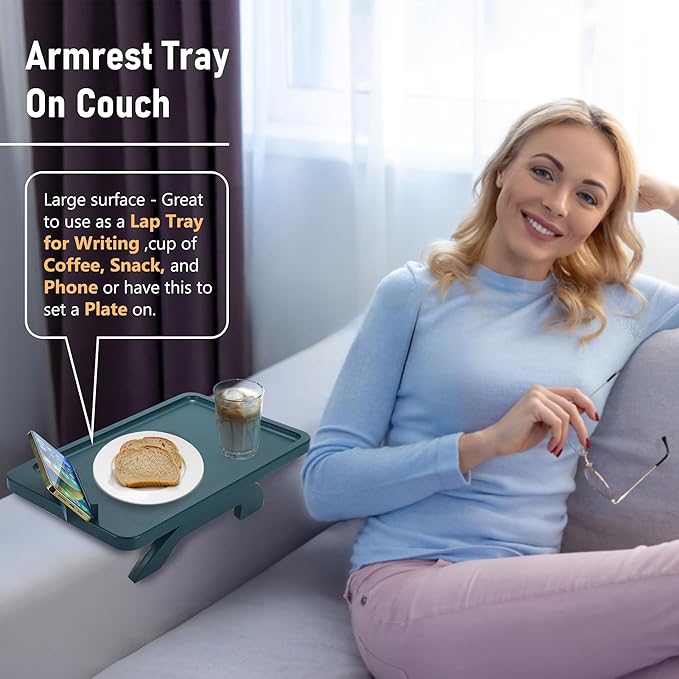 SINWANT Couch Arm Table Tray, Bamboo Sofa Arm Clip on Table, Foldable Couch Armrest Tray with 360° Phone Holder,Portable Sofa Tables for Remote Snack