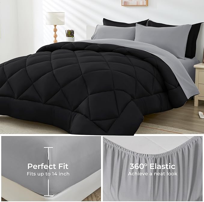 HEVUMYI Queen Comforter Set - 7-Piece All Season Bed in a Bag Queen, Ultra Soft Bedding Set with Comforter, Flat Sheet, Fitted Sheet, Pillowcases, Pillow Shams, Black & Light Grey