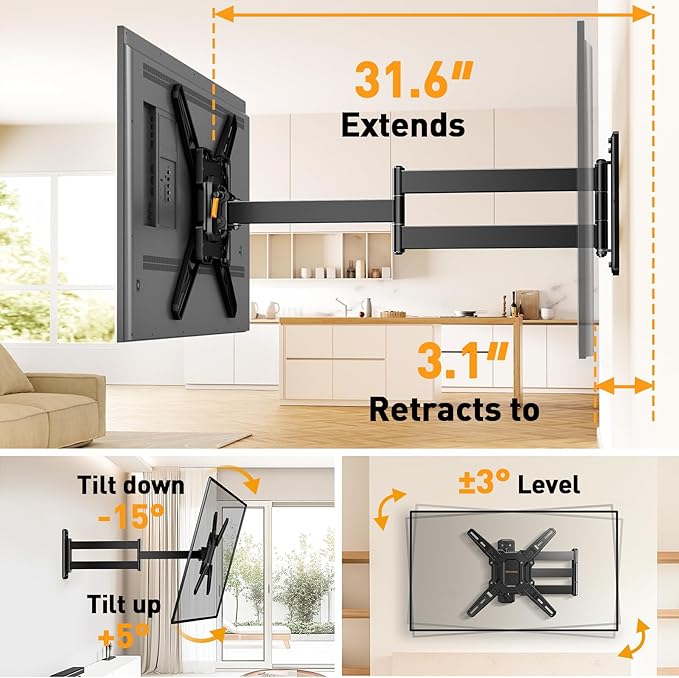 Perlegear Long Arm TV Wall Mount for 26-65 inch TVs up to 100 lbs, Corner TV Mount Bracket with 31.65” Extension, Swivel, Tilt Articulating Arms, Full Motion Wall Mount, Max VESA 400x400mm PGMF25B