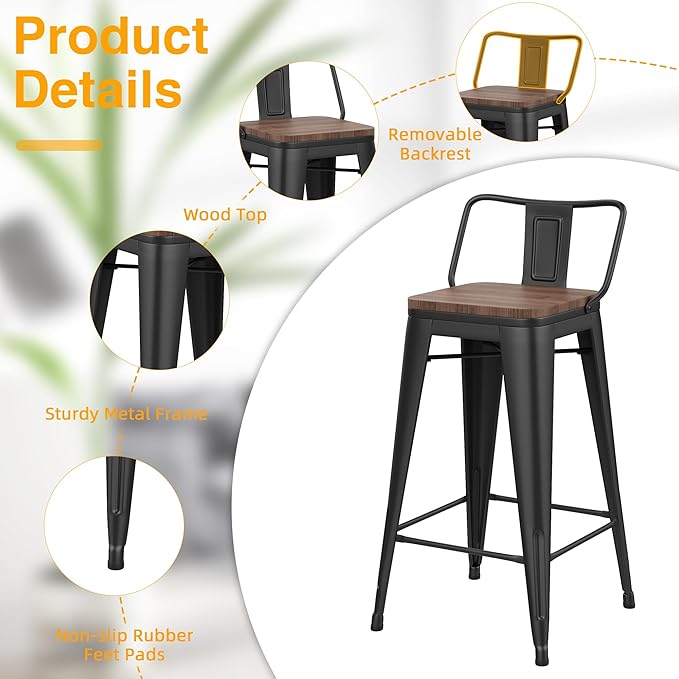 Yongchuang 30 inch Bar Stools Set of 4 Bar Height Metal Barstools with Wood Seat Low Back Kitchen Bar Chairs Matte Black