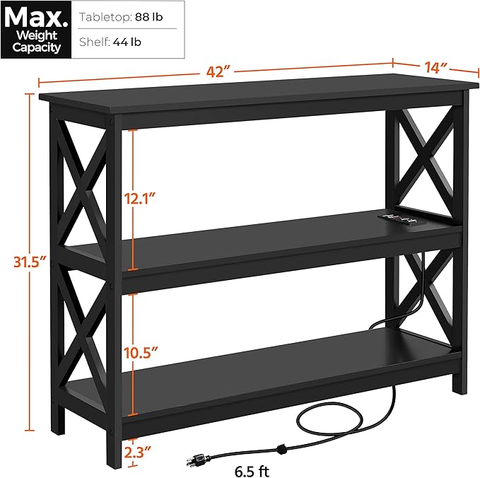 Yaheetech Entryway Table with Storage Shelves, Console Table with Power Outlets and USB Ports, Wood Narrow Sofa Tables with X-Shaped Design for Living Room/Hallway/Couch, Black