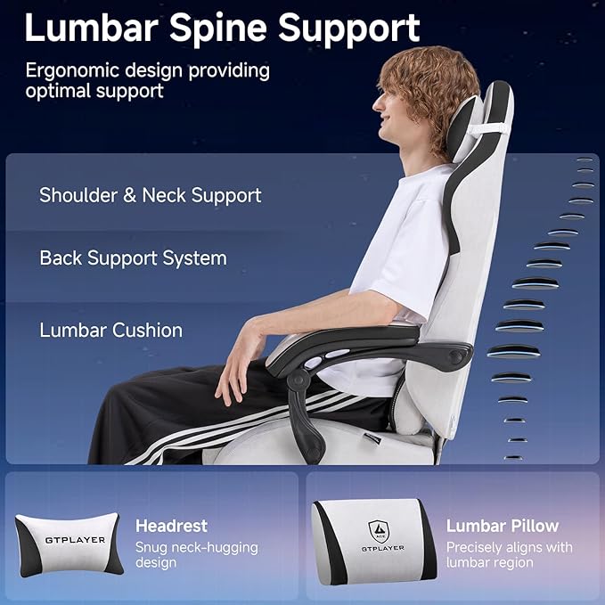 GTPLAYER Gaming Chair, Video Game Chairs with Footrest and Lumbar Support, Computer Chair for Adults with Extended Backrest, Ergonomic Reclining Silla Gamer, Fabric, Grey
