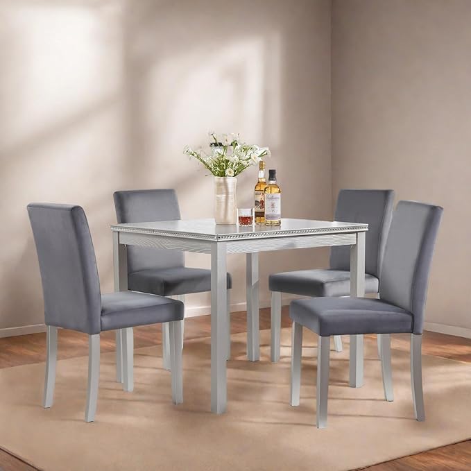 Dining Table Set for 4, 5-Piece Dining Room Table Set with Square Crystal Decoration Table & 4 Upholstered Backrest Chairs, Counter Height Kitchen Sets with Faux Wood Grain Design, Grey