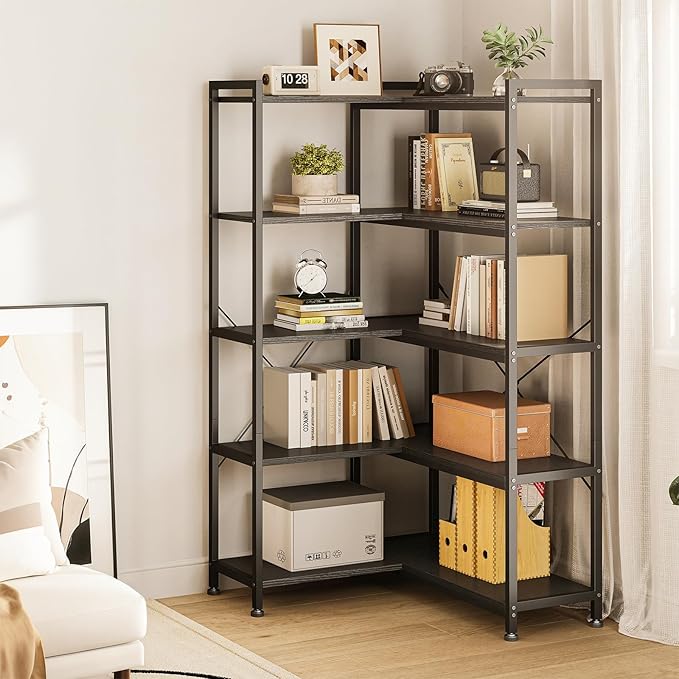 Casaottima Corner Bookshelf 5 Tier, 57 Inches Reversible Book Shelf for Living Room, Industrial Wooden Bookcase with Open Shelves and Metal Frame for Bedroom, Home Office, Kitchen, Black