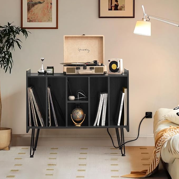 Large Record Player Stand with Vinyl Storage, Black Record Player Table with Power and USB Port, Holds Up to 200 Albums, Turntable Stand with Record Storage, Vinyl Record Player Storage Cabinet