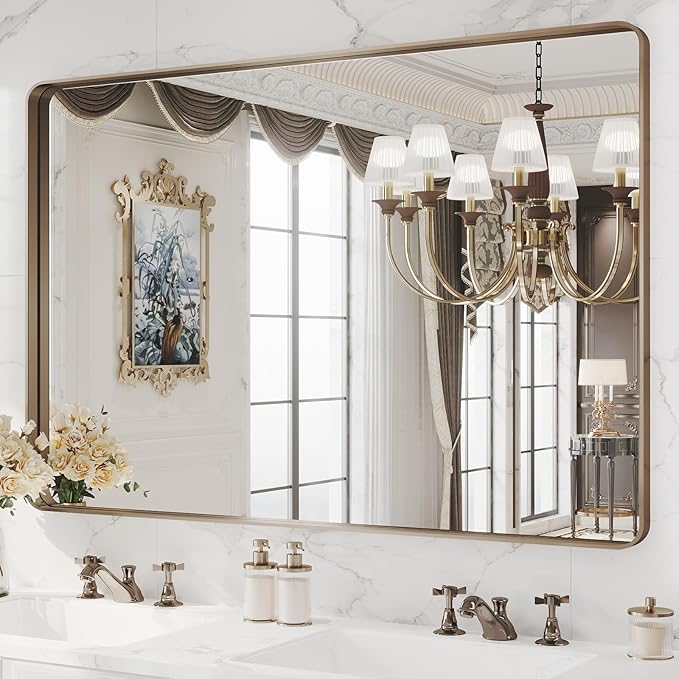 WEER 48x32 Inch Bronze Bathroom Mirror for Vanity, Brushed Bronze Metal Frame Mirror for Wall, Rounded Rectangle Bronze Frame Mirror with Tempered Glass, Anti-Rust (Horizontal/Vertical)