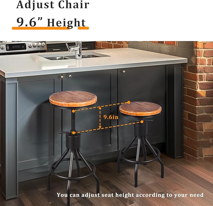 Industrial Bar Stool-Set of 2-Swivel Counter Coffee Chair-Extra Pub Height Adjustable 22-33 inch