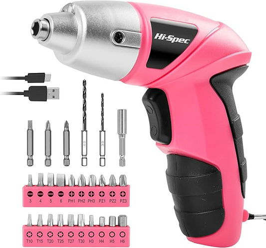 Hi-Spec Electric Screwdriver 27pc 3.6V Pink USB Small Power Screwdriver Set. Cordless & Rechargeable with Driver Bit Set