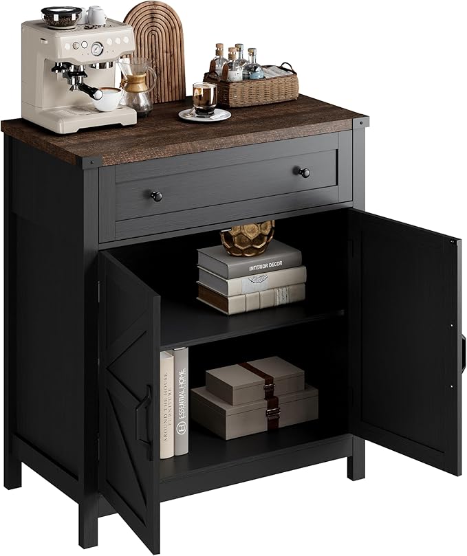 ChooChoo Kitchen Storage Cabinet, Coffee Bar Cabinet, Farmhouse Buffet Sideboard with Drawer for Kitchen, Living Room, Black