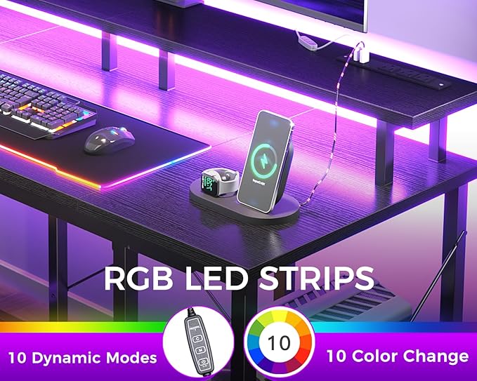 ODK 55 Inches Gaming Desk with LED Lights, Computer Desk with Monitor Stand, Pc Table with CPU Stand, Black