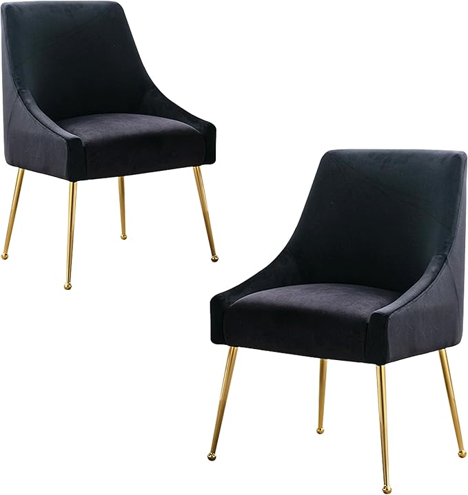 Modern Velvet Dining Chairs Set of 2, Contemporary Upholstered Furniture Collection with Polished Gold Metal Legs, Elegant Accent Chairs for Kitchen Living Room(Black)