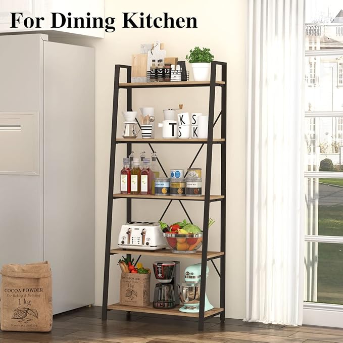 BON AUGURE Industrial 5 Tier Ladder Bookshelf, Wood and Metal Ladder Shelf Bookcase, Farmhouse Leaning Shelves for Living Room (Vintage Oak)