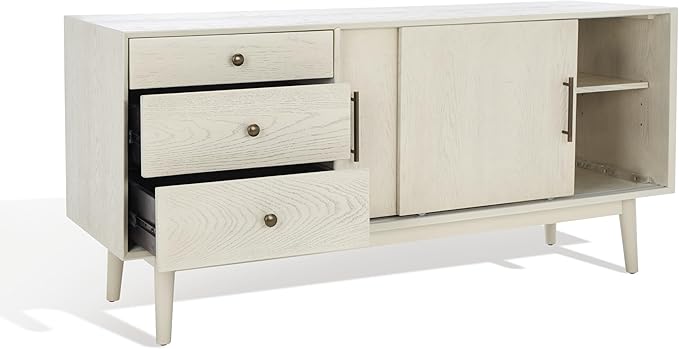 SAFAVIEH Couture Collection Tomas Mid-Century White Washed 3-Drawer Sliding Door Entertainment Media Stand (Fits up to a 65" Flatscreen TV)