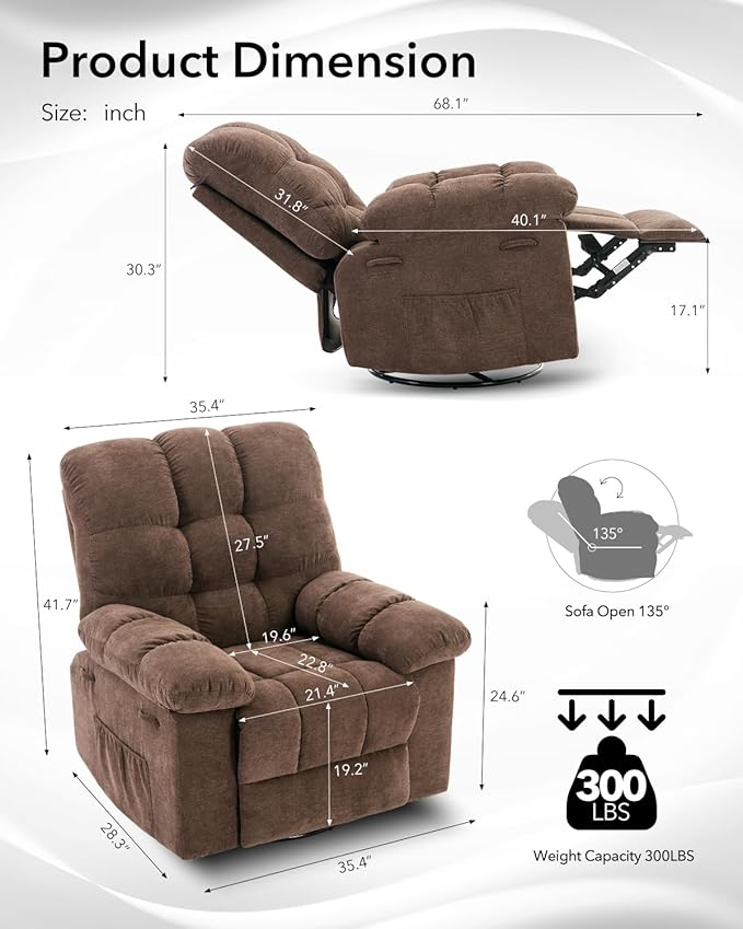Rocking Recliner Chair,360° Swivel Rocker Chair for Living Room,Upholstered Fabric Glider Nursery Chair with Side Pockets for Small Spaces,Q235 Steel Frame Lazy Boy Recliner Single Sofa(Brown)