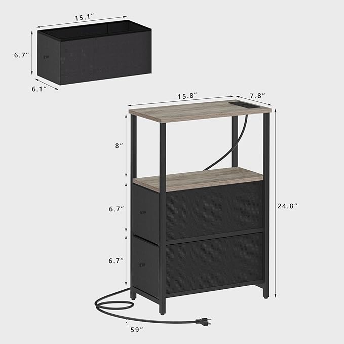 TUTOTAK Small Narrow End Table with Charging Station, Set of 2, Side Table with Outlets, Nightstand with 2 Cloth Drawers, Couch Table, for Living Room, Bedroom, Bedside, Greige TB01BG055