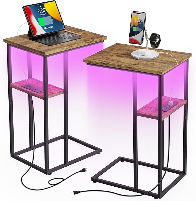 Innerjoin Side Table with Charging Station Set of 2, C Shaped End Table with LED Light Strip, Fast Charge Type C & USB Ports, Small Sofa Snack Laptop Side Table for Living Room Bedroom, Rustic Brown