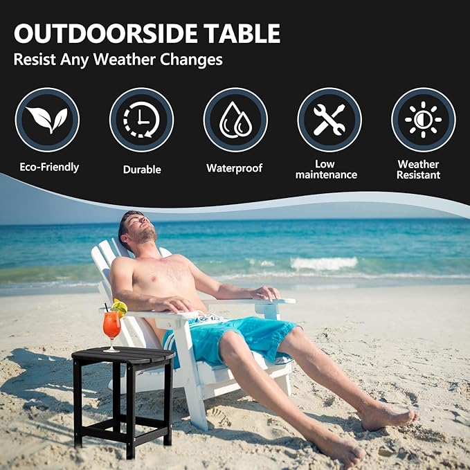 Hdpe Outdoor Adirondack Side Table, Wooden Textured, Set for Patio, Garden, Porch, Pool Composite Patio, Backyard, Bathroom and Indoor, Maintenance & Weather Resistant(Black)