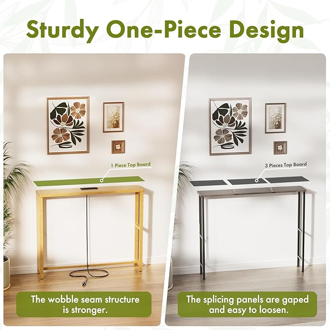 2 Pack Narrow Console Table Bamboo, 78.8" Long Entryway Tables with 2 Power Outlets and USB-C Ports, Couch Table Behind Sofa for Display, Hallway, Living Room, Bedroom, Foyer, Natural
