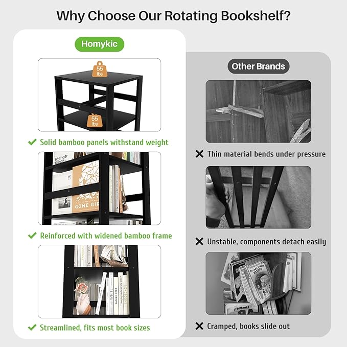 Homykic Rotating Bookshelf, Bamboo 360 Display Spinning Bookshelf Tower, 5-Tier Small Corner Bookcase for Small Spaces, Narrow Revolving Book Shelf Organizer Rack for Home Office, Black