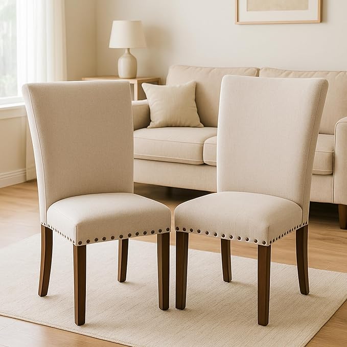 Set of 4 Beige Upholstered Dining Chairs, Farmhouse Kitchen Chairs with High Back Support, Solid Rubberwood Legs, Comfortable Padded Seat, Bronze Nailhead Trim, Dining Room Chairs for Family Meals
