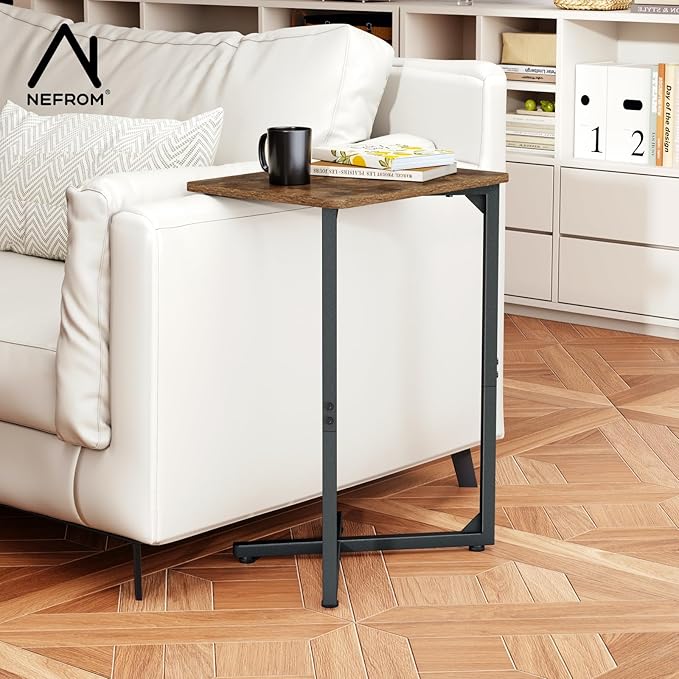 NEFROM C-Shaped End Table, Small Side Table for Couch, Sofa TV Tray Table for Living Room, Bedroom, Bedside ET-X-BRW1