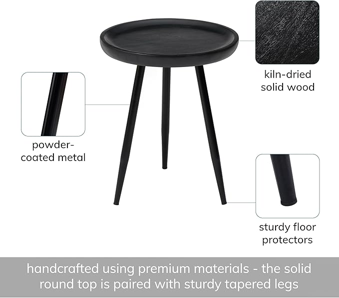 MH London Lydia Round Small End Table & Side Table Solid Wood, Black top with Black Metal Legs, Nightstand, 15.75"x15.75"x18"