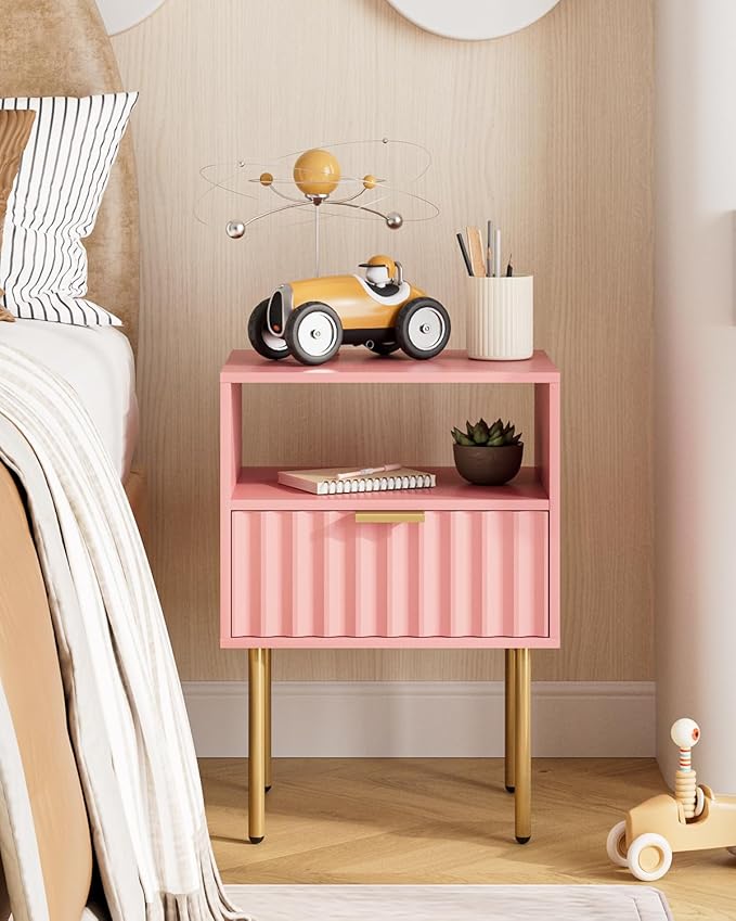 Nightstand,Modern Bedside Table with Gold Frame,Pink Night Stand,Bedside Furniture, Modern Side Table with Drawer and Shelf for Bedroom,Living Room (Pink)