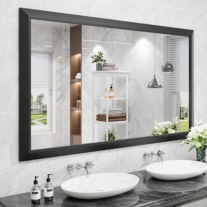 Amorho Black Bathroom Mirror, 60X36 Inch Thick Metal Framed Wall Mirrors for Over 2 Sinks, Bedroom, Living Room, Entryway, Large Rectangle Wall-Mounted Mirrors.