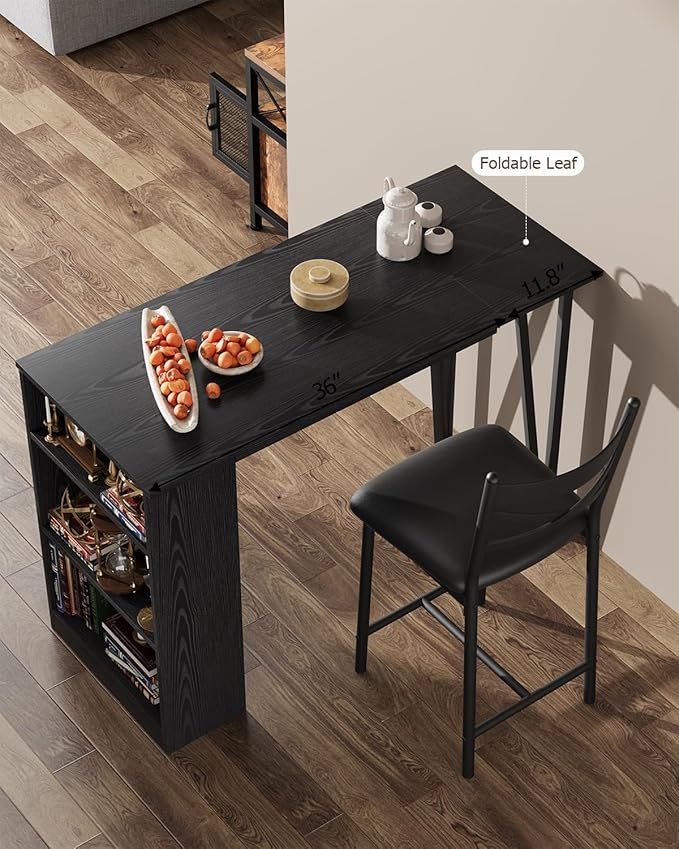 Garvee Bar Table and Chairs Set, 3 Piece Bar Table Set with with Flip Top Extension and Storage Shelves, Dining Table Set for 2, Suitable for Small Space Kitchen Apartment, Black