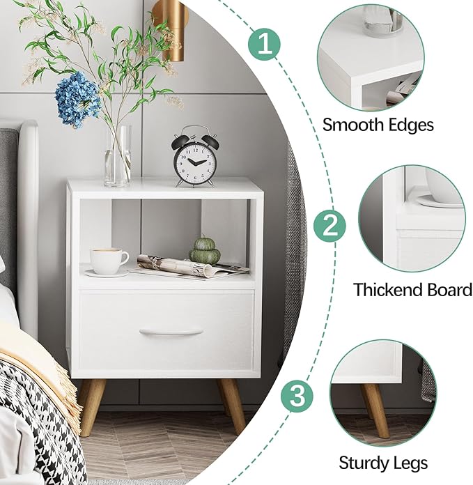Night Stand, White Kids Nightstand with Drawer, Nursery Side Table with Open Storage, 2-Tier Modern End Table, Bedside Table for Small Space, Living Room, Bedroom