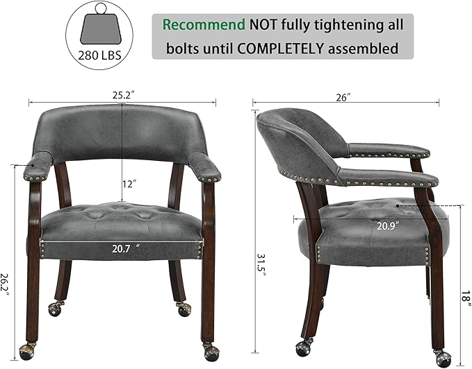LEEMTORIG Large Dining Chairs with Casters and Arms, Rolling Dining Chairs with Wheels, Accent Game Chairs, Boss Caption's Chairs, 26"D x 25.2"W x 31.5"H, Espresso Legs & Dark Grey Fabric SY-318-GY
