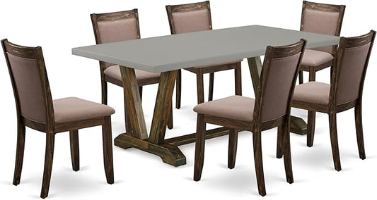East West Furniture V797MZ748-7 7 Piece Dining Room Furniture Set Consist of a Rectangle Dining Table with V-Legs and 6 Coffee Linen Fabric Upholstered Chairs, 40x72 Inch, Multi-Color