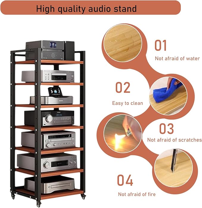 7 Tier Audio Rack Tower, CD Record Player Stereo Receiver AV Equipment Cabinet Display Rack, Weight capacity 661 lbs, with Adjustable Wooden Shelves for Home (TEAKWOOD, 7 TIER 55×19.7×15.7IN)